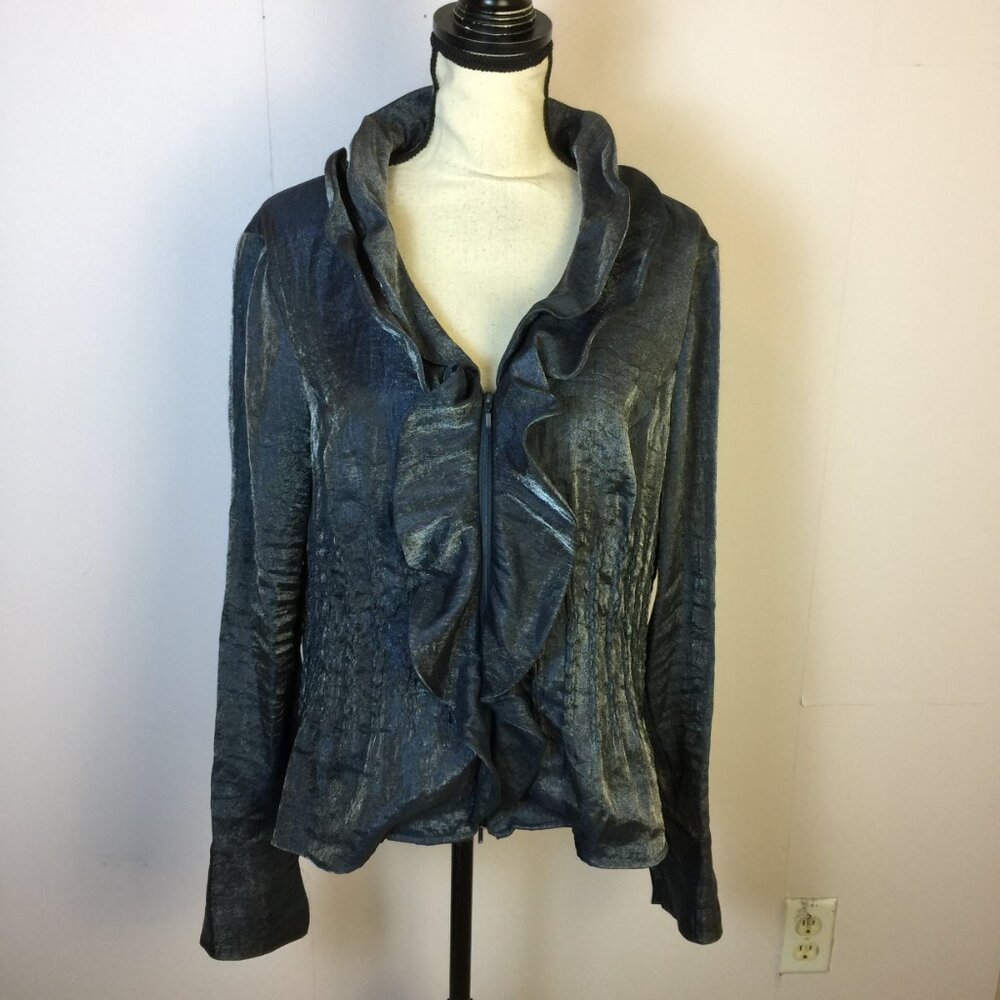 ❤️ Gorgeous Samuel Dong Shimmery Slate Blue Ruffled Zip-Front Jacket Size XL
